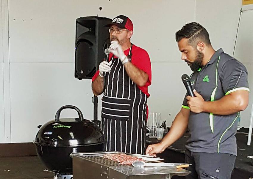 Andrew from Black Iron Smokers & BBQ & Bobby from Firebrand BBQ talking through low 'n slow v direct heat from the same Firebrand Charcoal product during our masterclass — at Orange Showground.